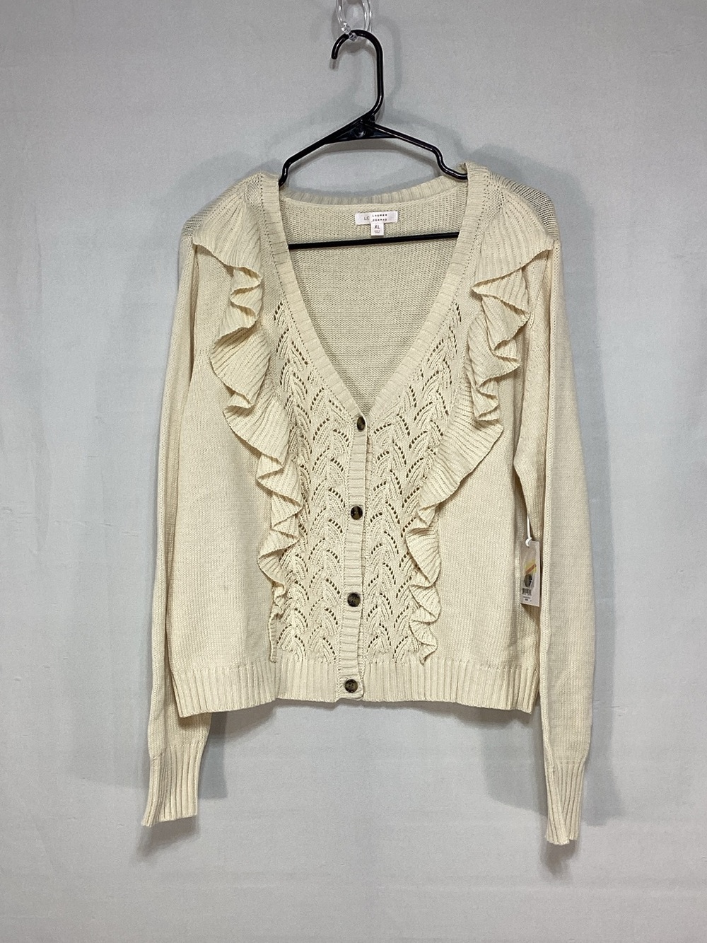 NWT LC Lauren Conrad XL Cream Ruffle Front Cardigan